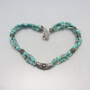 Fabulous 1980s  3 Strand Vintage Turquoise Chip and Pewter Bead Necklace, 22 Inches