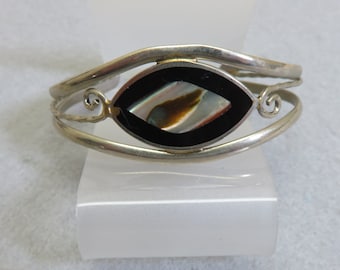 Black Enamel Abalone Shell Cuff Bracelet, Vintage Alpaca Silver Cuff