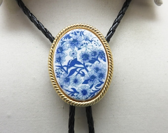 Very Cool, Very Different Blue and White Floral Bolo Tie, Handmade Bolo Tie