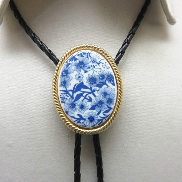 Very Cool, Very Different Blue and White Floral Bolo Tie, Handmade Bolo Tie