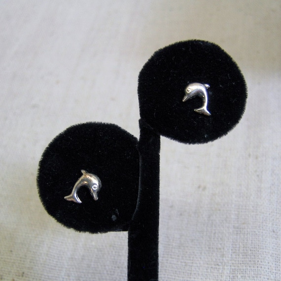 Vintage Tiny Sterling Silver Dolphin Pierced Earr… - image 1