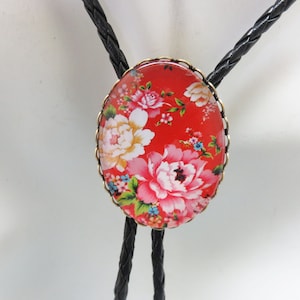 Vintage Glass Floral Transferware Bolo Tie,  Handmade, Red Background
