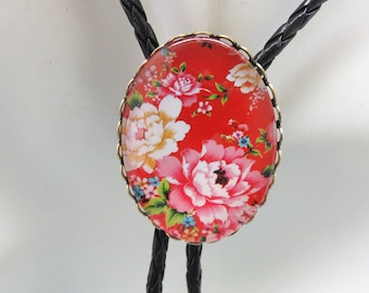 Vintage Glass Floral Transferware Bolo Tie,  Handmade, Red Background