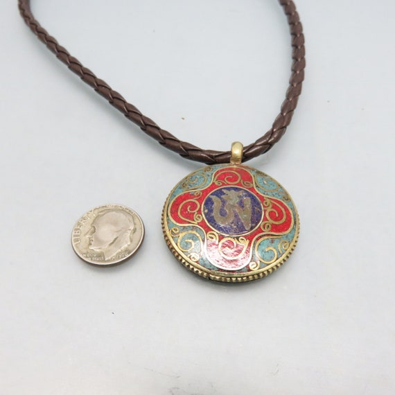 Vintage Cloisonne' Pendant Necklace, Black Leathe… - image 6