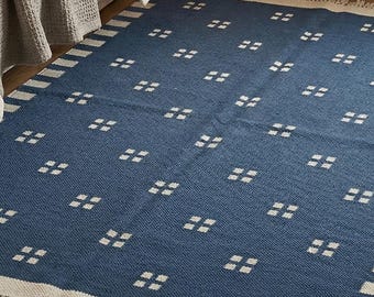 Large Blue Wool Dhurrie Rug – Scandinavian Flatweave Home Decor