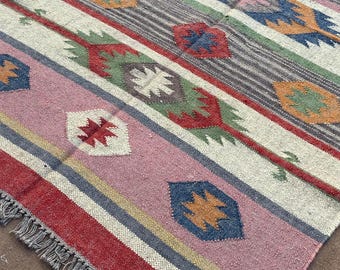 Kilim Wool Jute Rug Vintage Dhurrie Carpet Handwoven Stair Hallway Decor