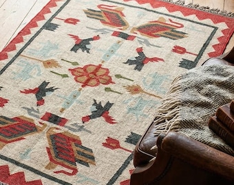 Tapis kilim rustique : tapis géométrique en laine et jute tissé à la main, dhurrie indien traditionnel, taille personnalisée à tissage plat
