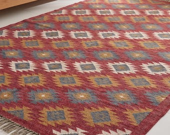 Wool Jute Kilim Rug Bohemian Kilim Area Rug, Navajo Flatweave Design, Indian Dhurrie Rug, Eco-Friendly Home Decor