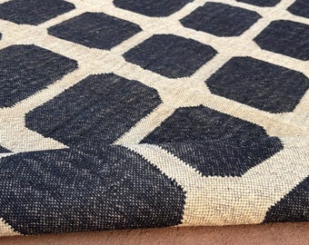 Black Wool Jute Rug, Handwoven Reversible Dhurrie, Modern Area Carpet