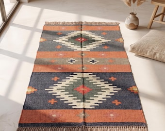 Handwoven Reversible Kilim Rug | Southwestern Wool Jute Flatweave, Boho Multicolor Carpet