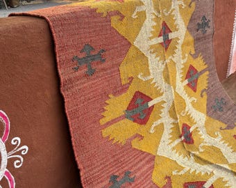Handwoven Wool Jute Rug, Rust Yellow, Custom Size