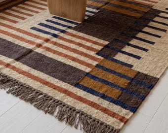 Hand Woven  Rust White Abstract Geometric Rug: Custom Modern Wool Jute Kilim Rug