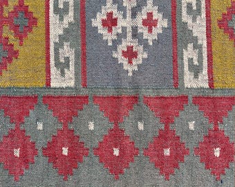 Handwoven Southwestern Wool Jute Rug: Vintage Kilim, Mustard Yellow