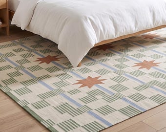 Tapis dhurrie vert fait main en laine et coton - Décoration d'intérieur indienne à tissage plat avec motif étoiles