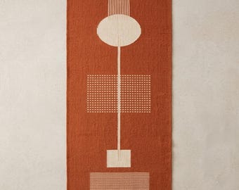Tapis de passage géométrique en terre cuite, tissé à plat en laine et coton tissé à la main, Dhurrie minimaliste scandinave