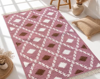 Handwoven Cotton Flat Weave Dhurrie Rug - Modern Living room Kilim, custom Size Rugs