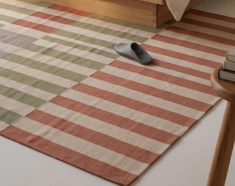 9x12  Wool Rug | Handmade Scandinavian Minimalist Flatweave Dhurrie | Large Living Room Rug stripes design