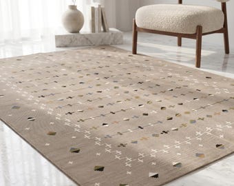 Handwoven Beige Cotton Flatweave Rug, Boho Scandinavian Dhurrie Carpet, Reversible Home Decor