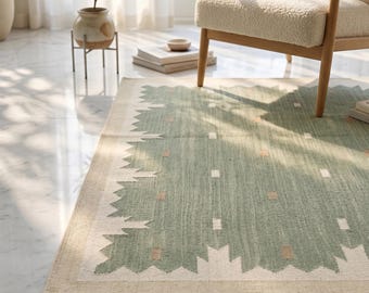 Moderne vert clair tissé à la main pour salon, chambre à coucher, tapis dhurrie en coton aux dimensions personnalisées