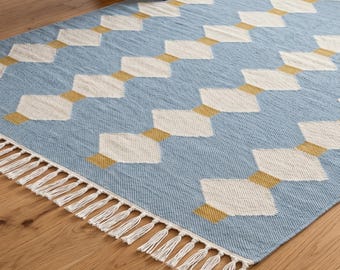 Handwoven Wool Cotton Blue Dhurrie Rug, Custom Kilim Rug