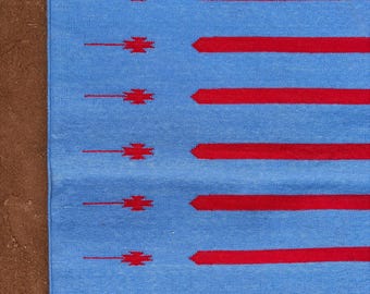 Handwoven Blue Red Cotton Dhurrie Rug (25cm x 90cm)
