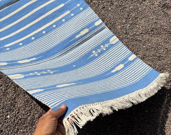Handmade Cotton Dhurrie Rug, Pastel Blue Stripes, Flat Weave Kilim