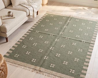 Green Wool Cotton Dhurrie Rug – Minimal Boho Scandinavian Area Rug