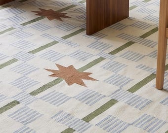 Handmade Wool Cotton Dhurrie Rug – Star Dash Flatweave Indian Home Decor