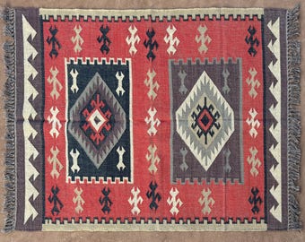 Southwestern Navajo Wool Jute Area Rug | Vintage Kilim Pattern | Handmade Flatweave | Rust Brown Base | Indian Style Border Rug