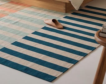 9x12  Wool Cotton Rug | Handmade Scandinavian Minimalist Flatweave Dhurrie Stripes