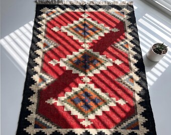 Handwoven Wool Jute Kilim Rug, Rustic Dhurrie, Earthy Tones, Custom Size Available