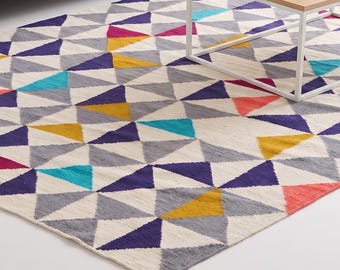 handwoven modern  wool and cotton living room dhurrie rug carpet india reverisble 4x6 feet