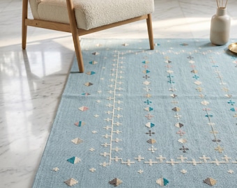Handwoven Blue Cotton Dhurrie Rug, Scandinavian Boho Flatweave Area Carpet