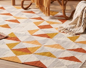 Handwoven Wool Cotton Dhurrie Rug 4x6 Feet – Modern Geometric Indian Carpet