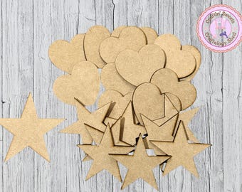 Set of 24 Unfinished MDF Wooden Hearts and Stars Wood Blanks/12 of each