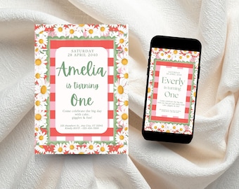 Daisy Gingham First Birthday Invitation, Editable Floral Party Invite (Digital Download)