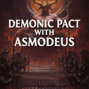 May include: An illustration with the text "DEMONIC PACT WITH ASMODEUS". The image depicts a demonic figure with horns and wings, seated above a crowd of figures. The color palette is dominated by dark reds and oranges.