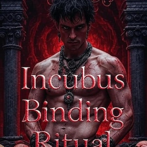 May include: Digital artwork depicting a muscular figure with dark hair and jewellery, with the text "Incubus Binding Ritual" in red. The background is a dark, gothic setting with skulls and a chandelier.