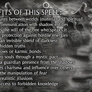 Dark occult benefits list for Black Church Spell: opens gates between worlds, communication with shadow entities, protection shield of darkness, soul binding, forbidden knowledge, with all-seeing eye and ghostly hooded figures in eerie grayscale atmosphere.