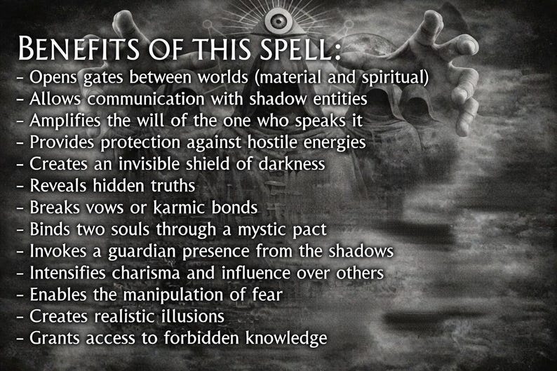 Dark occult benefits list for Black Church Spell: opens gates between worlds, communication with shadow entities, protection shield of darkness, soul binding, forbidden knowledge, with all-seeing eye and ghostly hooded figures in eerie grayscale atmosphere.