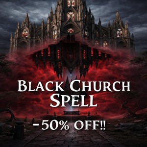 Dark gothic cathedral floating in a dramatic red-black sky with inverted reflection and mystical runes, promotional banner for "Black Church Spell" with 50% off discount.