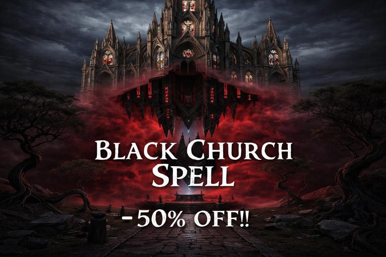 Dark gothic cathedral floating in a dramatic red-black sky with inverted reflection and mystical runes, promotional banner for "Black Church Spell" with 50% off discount.