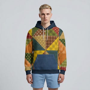 Patchwork Quilt Pattern Hoodie — Rustic Autumn Fall Pullover