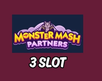 Può includere: Un design grafico che presenta il testo Monster Mash Partners in lettere gialle e viola con una piccola illustrazione di un pipistrello sopra. Sotto la grafica, il testo 3 SLOT appare in nero e una linguetta gialla riporta GGWTB.