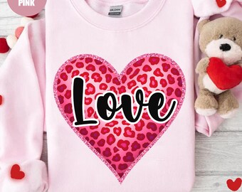 Kärleksleopardhjärttröja, rosa alla hjärtans dag-tröja, söt alla hjärtans dag-present till mamma, leopardhjärtad kärlekstopp, alla hjärtans dag-present, mammapresent