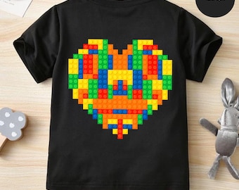 Barntröja med hjärtansmotiv från Valentine, T-shirt med hjärtansmotiv från Byggklossar, Alla hjärtans dag-present från Lego-stil, T-shirt med färgglad tegelstenshjärta, T-shirt med kärleksmotiv för småbarn