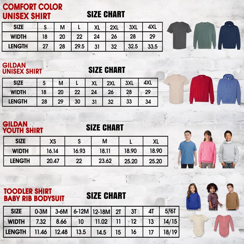 May include: A size chart for various unisex, youth, and toddler shirts and bodysuits. The chart includes measurements for width and length in inches, and sizes range from XS to 4XL. Examples of the shirts are displayed in the top right corner.
