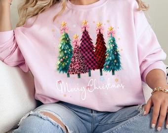 Comfort Colors Christmas Shirt Merry Christmas Xmas Tree Tee Pink Holiday Festive Bow Lights Tshirt Cute Tee Womens