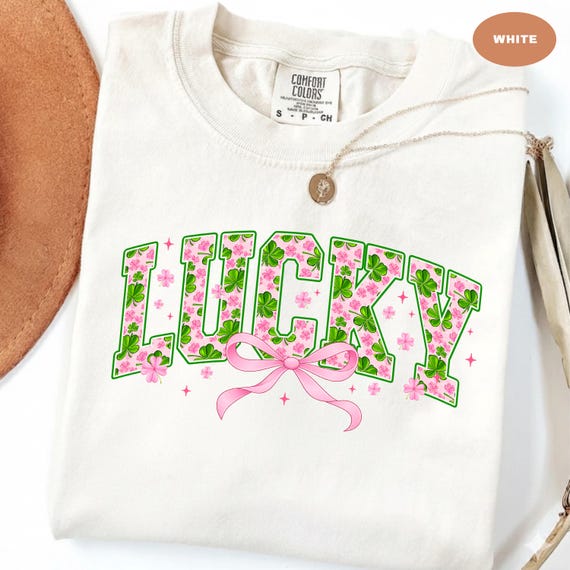 St Patricks Day Lucky Tee, Pink Bow Shamrock Shirt, Lucky Shirt Women, St Patty Day Outfit, Irish Green Clover Top Gift, Women Gift Shirt
