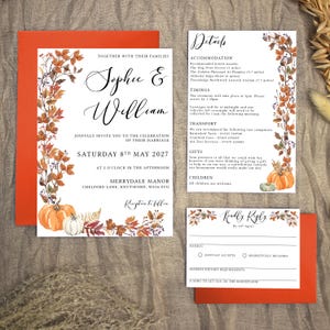 Autumn Wedding Invitation Suite, Fall Leaves Wedding Invites with Envelopes, Rustic Wedding and Evening Invitation, Vellum, Belly Band